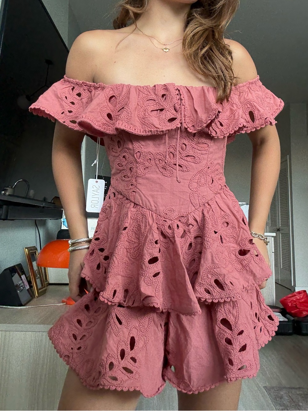 SAYLOR Dusty Rose Off-Shoulder Eyelet Tiered Mini Dress